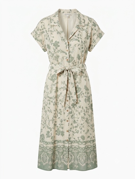 Lucky Brand Dresses & Skirts - Lucky Brand Relaxed Beige Sage Floral Shirt Dress Midi Button Front Belted L